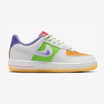 Nike Air Force 1 Low GS FD1036-100 - White sneakers with orange, green, purple, and pink accents and a translucent purple Swoosh