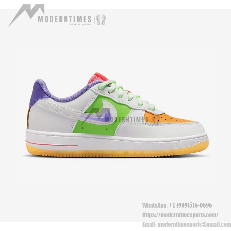 Nike Air Force 1 Low GS FD1036-100 - White sneakers with orange, green, purple, and pink accents and a translucent purple Swoosh