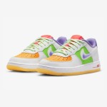 Nike Air Force 1 Low GS FD1036-100 - White sneakers with orange, green, purple, and pink accents and a translucent purple Swoosh