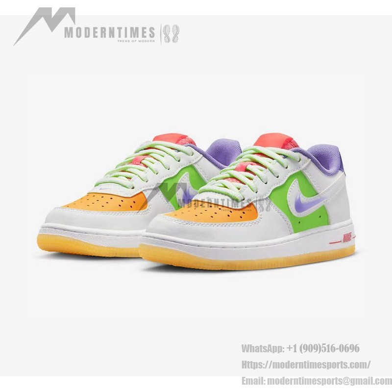 Nike Air Force 1 Low GS FD1036-100 - White sneakers with orange, green, purple, and pink accents and a translucent purple Swoosh