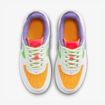 Nike Air Force 1 Low GS FD1036-100 - White sneakers with orange, green, purple, and pink accents and a translucent purple Swoosh