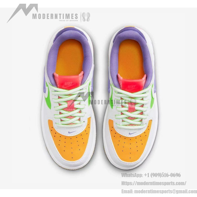 Nike Air Force 1 Low GS FD1036-100 - White sneakers with orange, green, purple, and pink accents and a translucent purple Swoosh