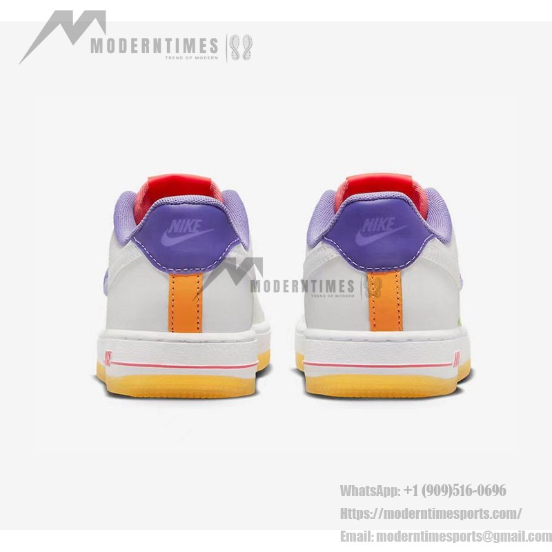 Nike Air Force 1 Low GS FD1036-100 - White sneakers with orange, green, purple, and pink accents and a translucent purple Swoosh