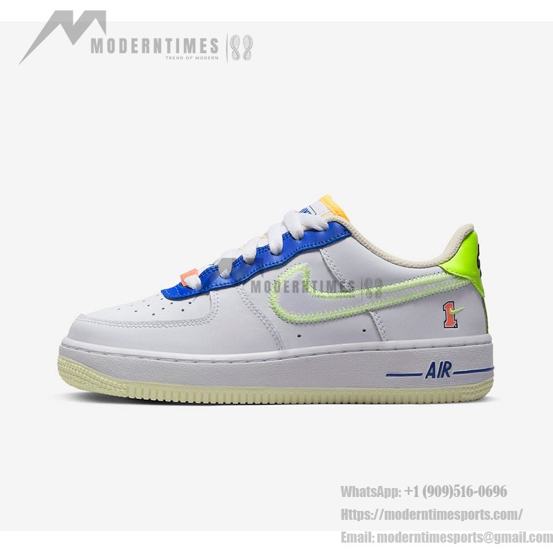 Nike Air Force 1 Low 'Player One' GS - White Sneakers with Neon and Blue Accents for a Retro Look