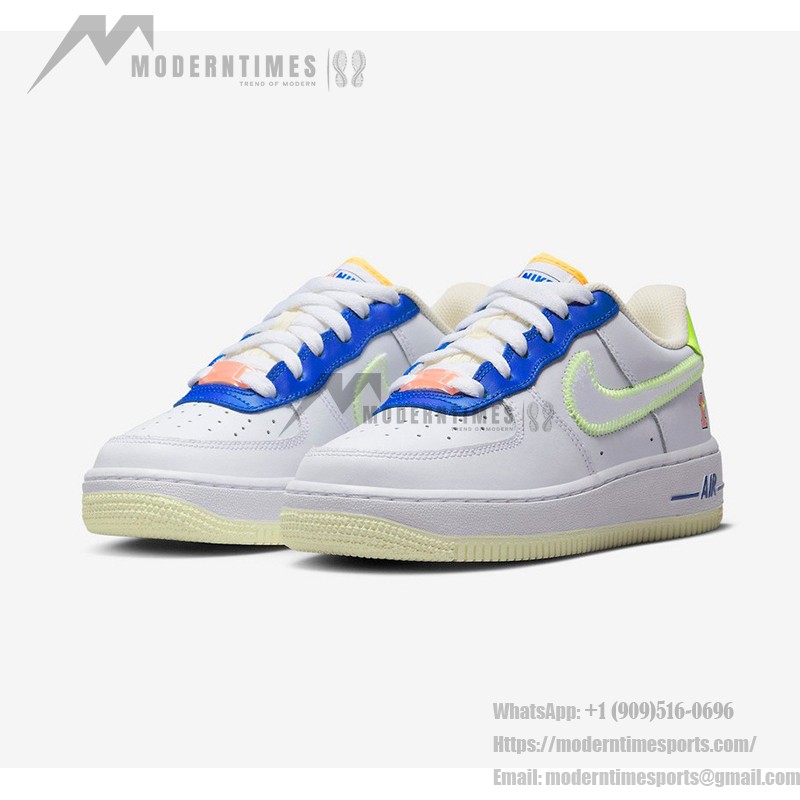 Nike Air Force 1 Low 'Player One' GS - White Sneakers with Neon and Blue Accents for a Retro Look