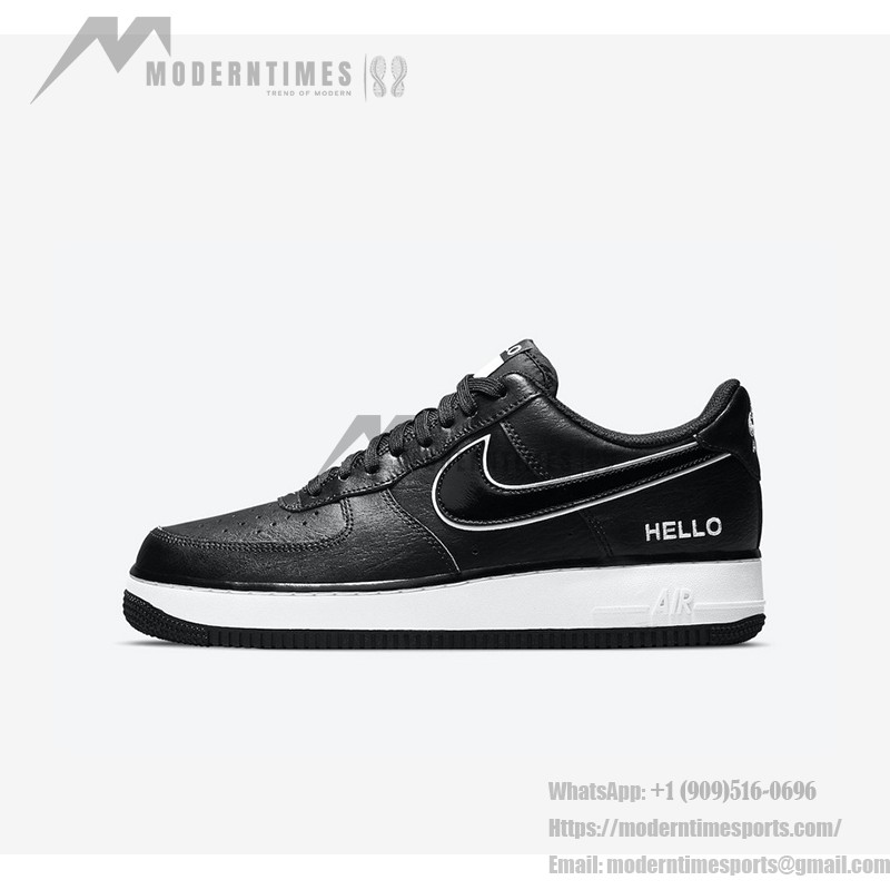 Nike Air Force 1 Low 'Hello' Black Sneakers with White Accents and "Hello" Branding