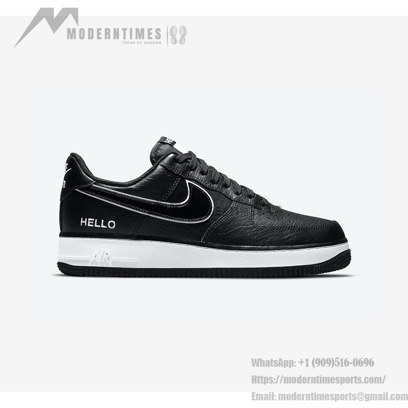 Nike Air Force 1 Low 'Hello' Black Sneakers with White Accents and "Hello" Branding