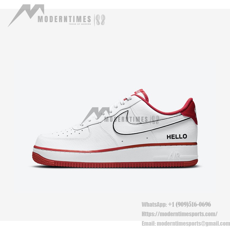 Nike Air Force 1 Low 'Hello' - 赤のアクセントとHelloのブランディングが特徴のホワイトスニーカー