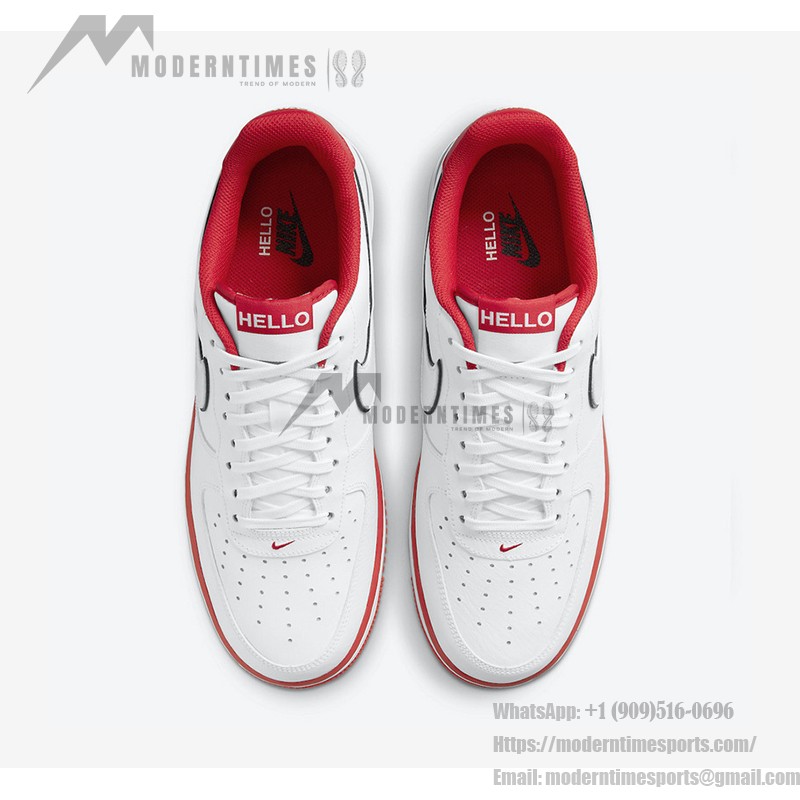 Nike Air Force 1 Low 'Hello' - White Sneakers with Red Accents and Hello Branding