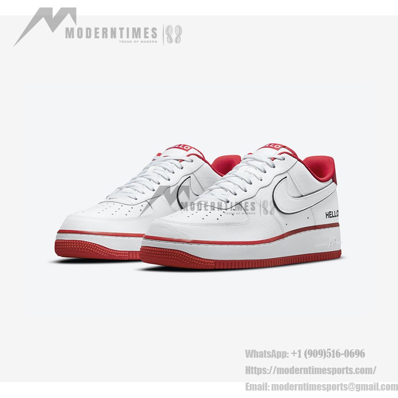 Nike Air Force 1 Low 'Hello' - White Sneakers with Red Accents and Hello Branding