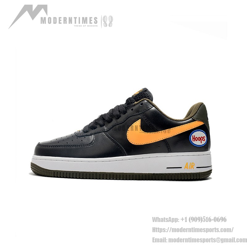 Nike Air Force 1 Low "Hoops" black sneakers with yellow Swoosh and basketball-inspired design