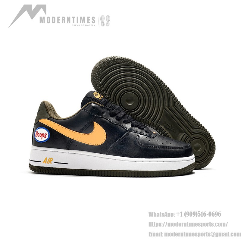 Nike Air Force 1 Low "Hoops" black sneakers with yellow Swoosh and basketball-inspired design