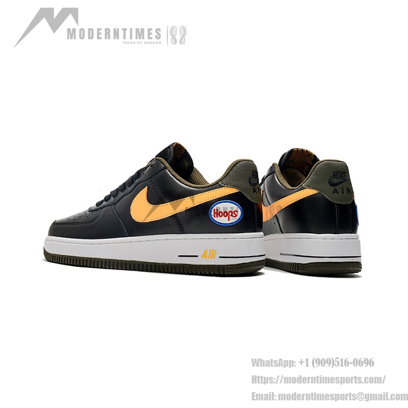 Nike Air Force 1 Low "Hoops" black sneakers with yellow Swoosh and basketball-inspired design