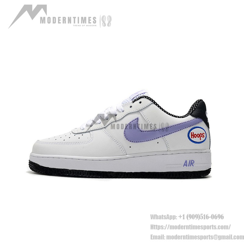 Nike Air Force 1 Low 'Hoops' - White Sneakers with Purple Swoosh & Basketball-Inspired Design