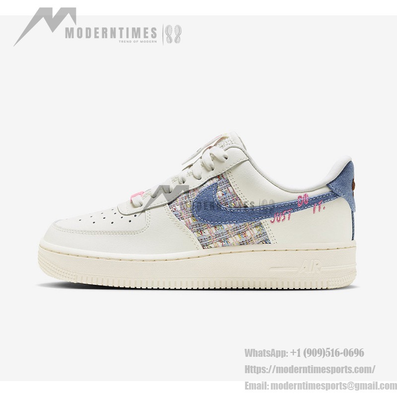 Nike Air Force 1 Low "Just Do It" Cream Sneakers with Blue Denim Swoosh & Colorful Tweed Accents