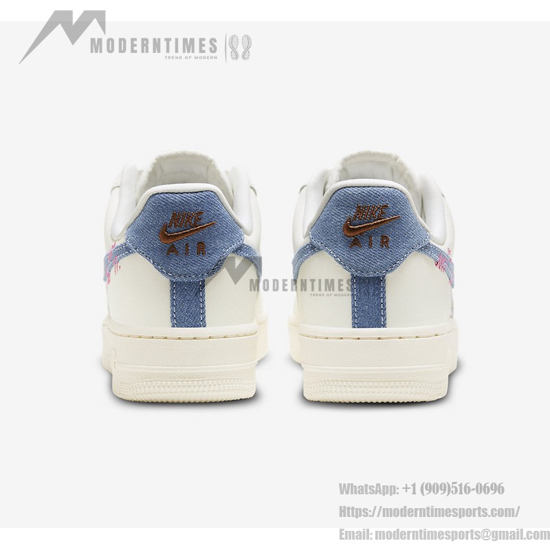 Nike Air Force 1 Low "Just Do It" Cream Sneakers with Blue Denim Swoosh & Colorful Tweed Accents