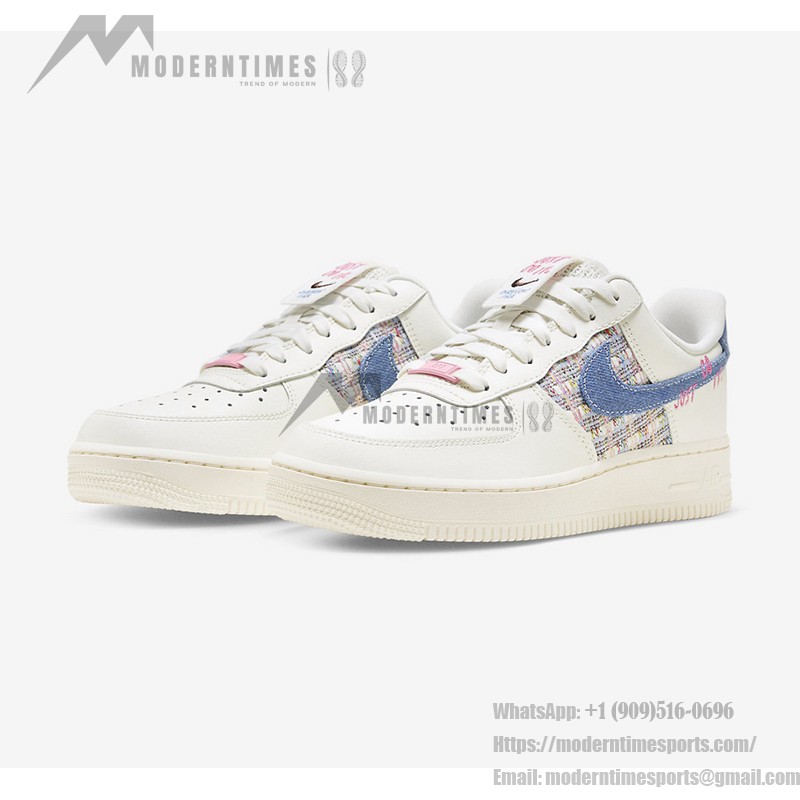 Nike Air Force 1 Low "Just Do It" Cream Sneakers with Blue Denim Swoosh & Colorful Tweed Accents