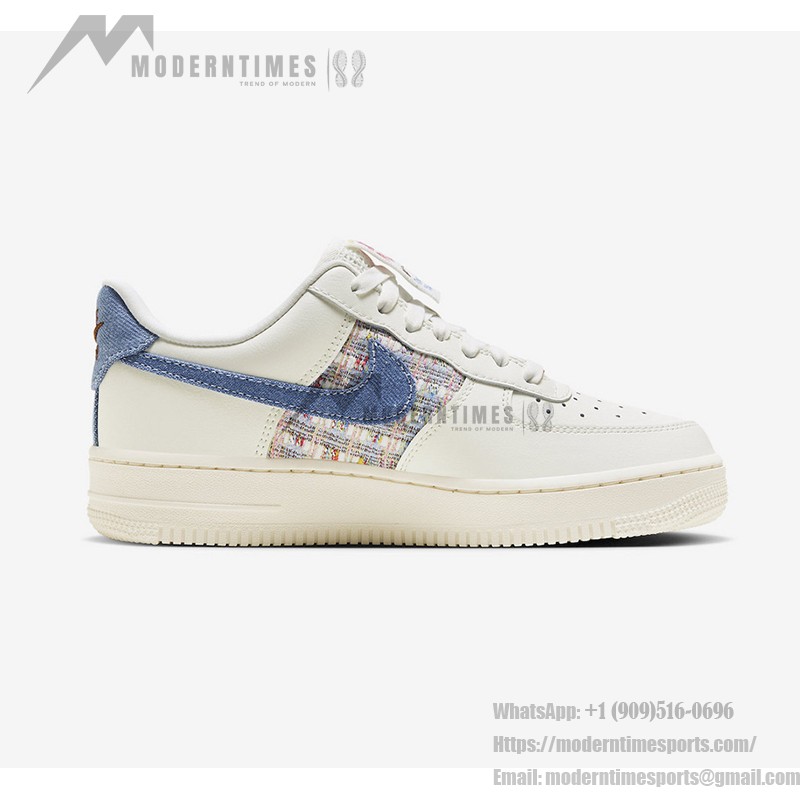 Nike Air Force 1 Low "Just Do It" Cream Sneakers with Blue Denim Swoosh & Colorful Tweed Accents