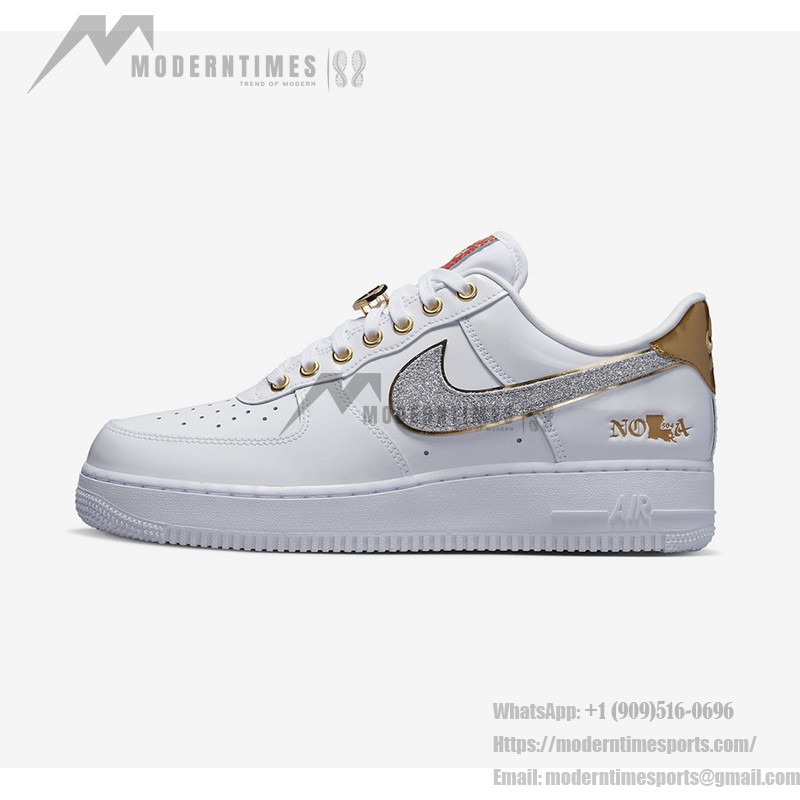 Nike Air Force 1 Low "NOLA" DZ5425-100 - White and Gold Sneakers with Glitter Swoosh