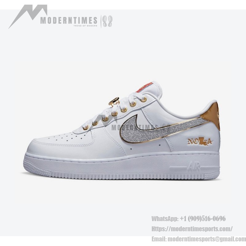 Nike Air Force 1 Low "NOLA" DZ5425-100 - White leather with glittering silver Swoosh and gold accents