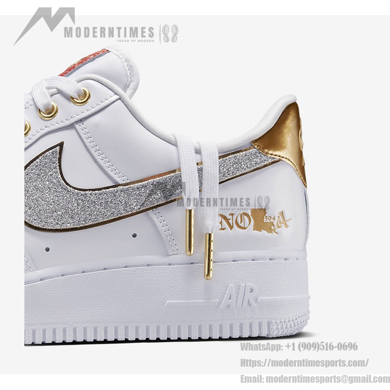 Nike Air Force 1 Low "NOLA" DZ5425-100 - White and Gold Sneakers with Glitter Swoosh