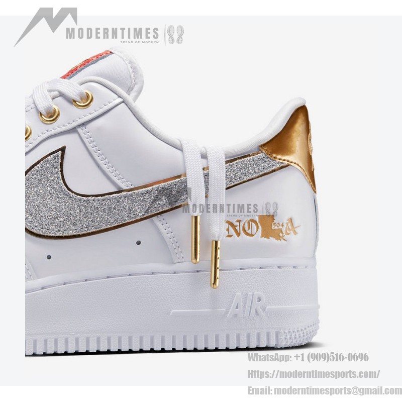 Nike Air Force 1 Low "NOLA" DZ5425-100 - White leather with glittering silver Swoosh and gold accents