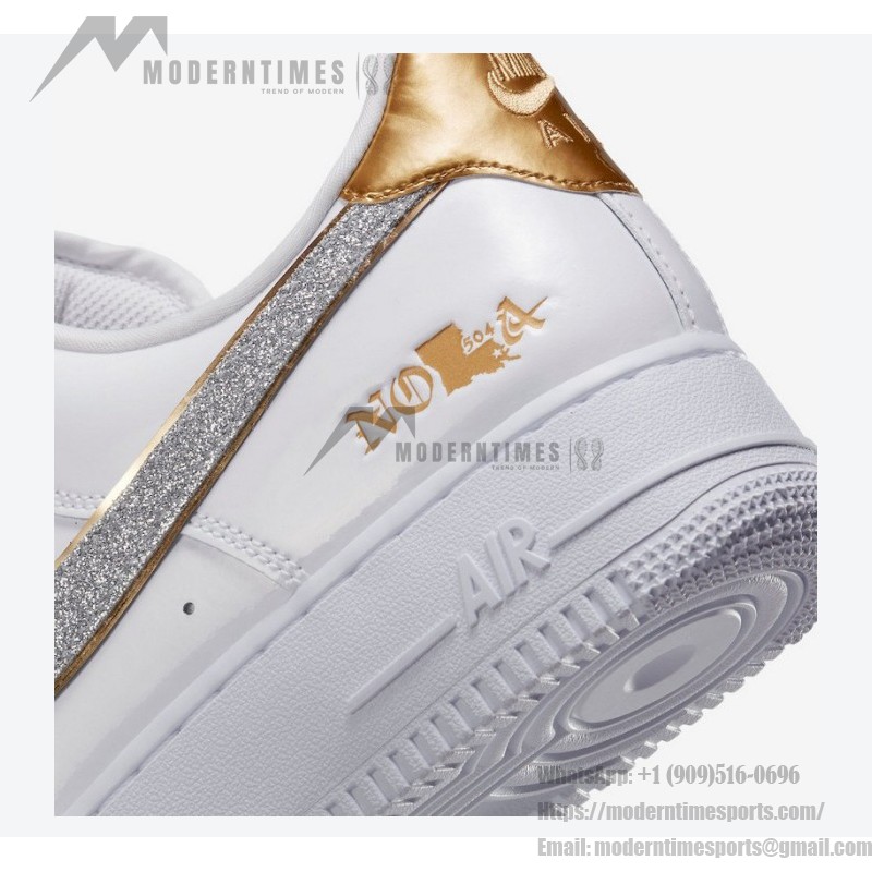 Nike Air Force 1 Low "NOLA" DZ5425-100 - White leather with glittering silver Swoosh and gold accents