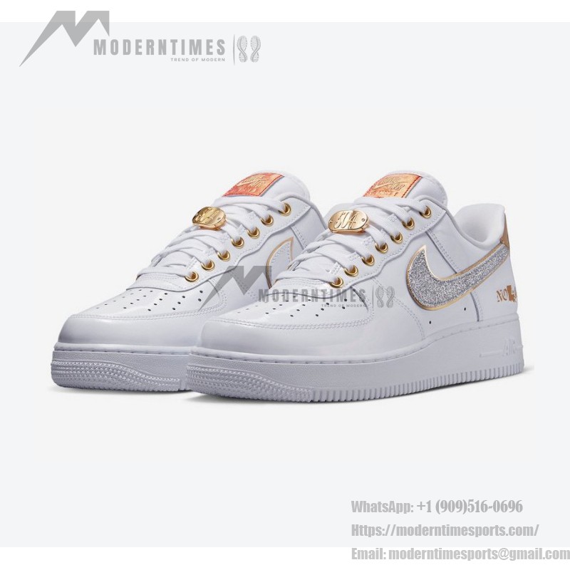 Nike Air Force 1 Low "NOLA" DZ5425-100 - White leather with glittering silver Swoosh and gold accents