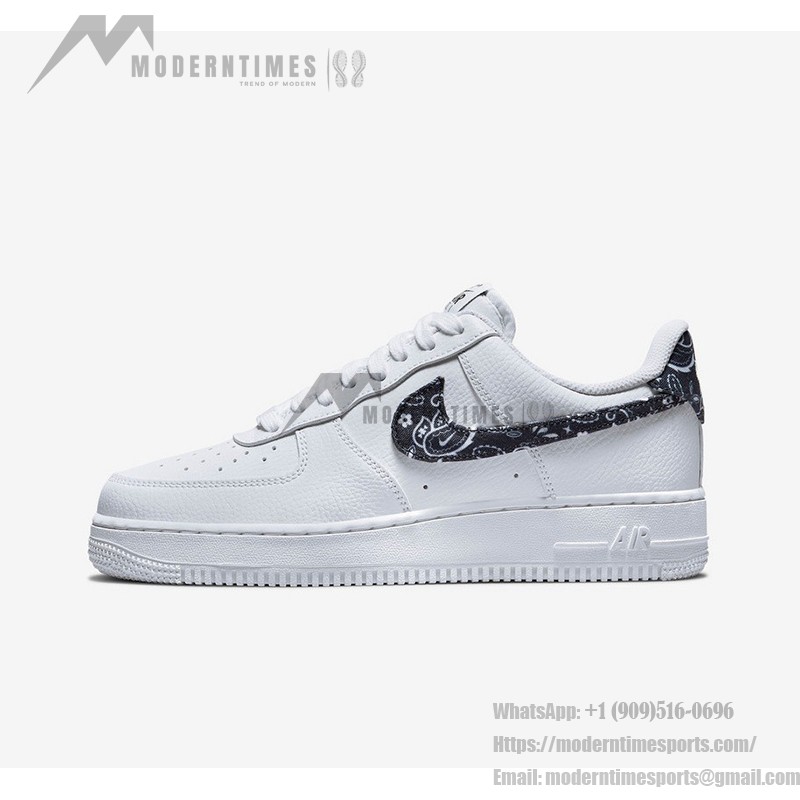 Nike Air Force 1 Low WMNS 'Black Paisley' DH4406-101 - White sneakers with black paisley accents on the Swoosh and heel tab