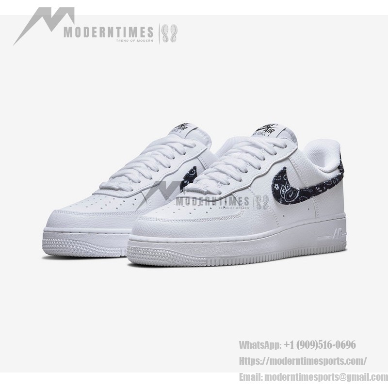 Nike Air Force 1 Low WMNS 'Black Paisley' DH4406-101 - White sneakers with black paisley accents on the Swoosh and heel tab