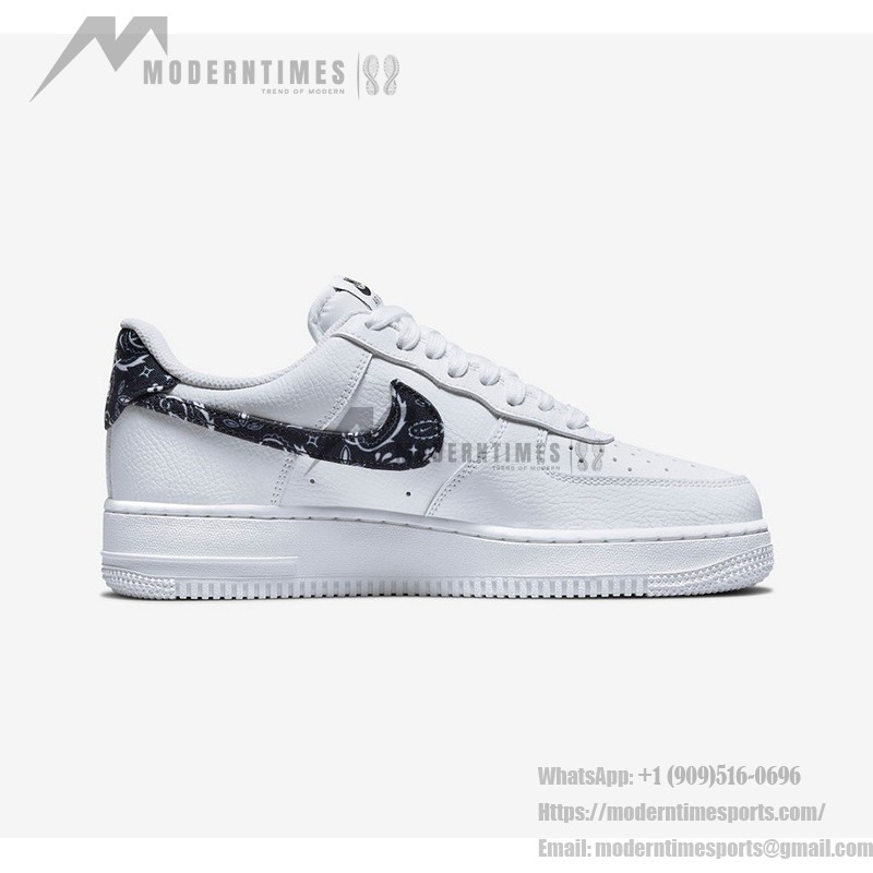 Nike Air Force 1 Low WMNS 'Black Paisley' DH4406-101 - White sneakers with black paisley accents on the Swoosh and heel tab