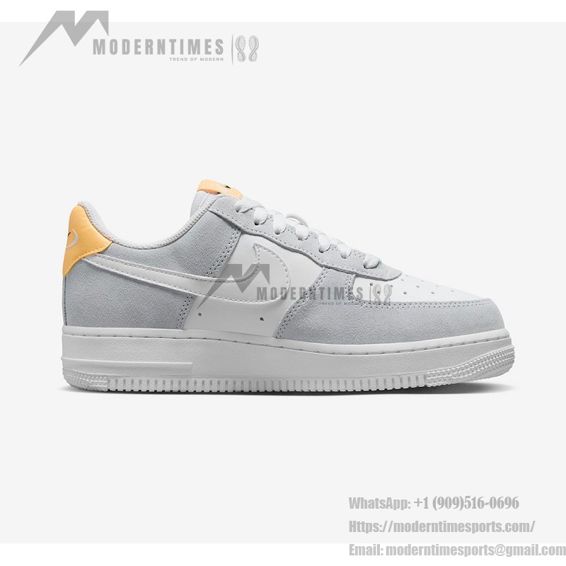 Nike Air Force 1 Low WMNS "Pure Platinum" sneakers in white and gray with yellow accents