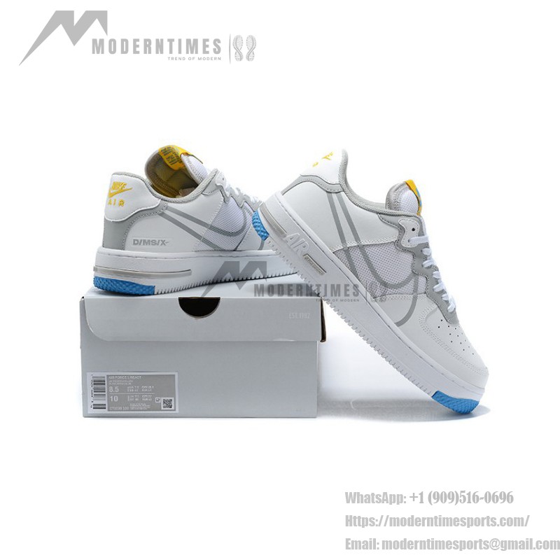 Nike Air Force 1 React "White/Blue/Yellow" CT1020-100 White Sneakers with Blue and Yellow Accents