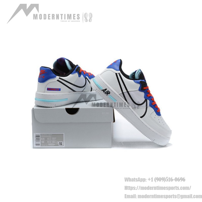 Nike Air Force 1 React "White/Blue/Red" CT1020-102 White Sneakers with Blue, Red, and Black Details