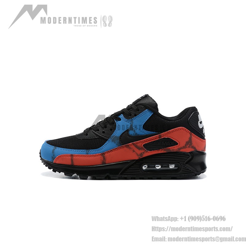 Nike Air Max 90 DJ6888-001 - Black sneakers featuring red and blue tie-dye overlays