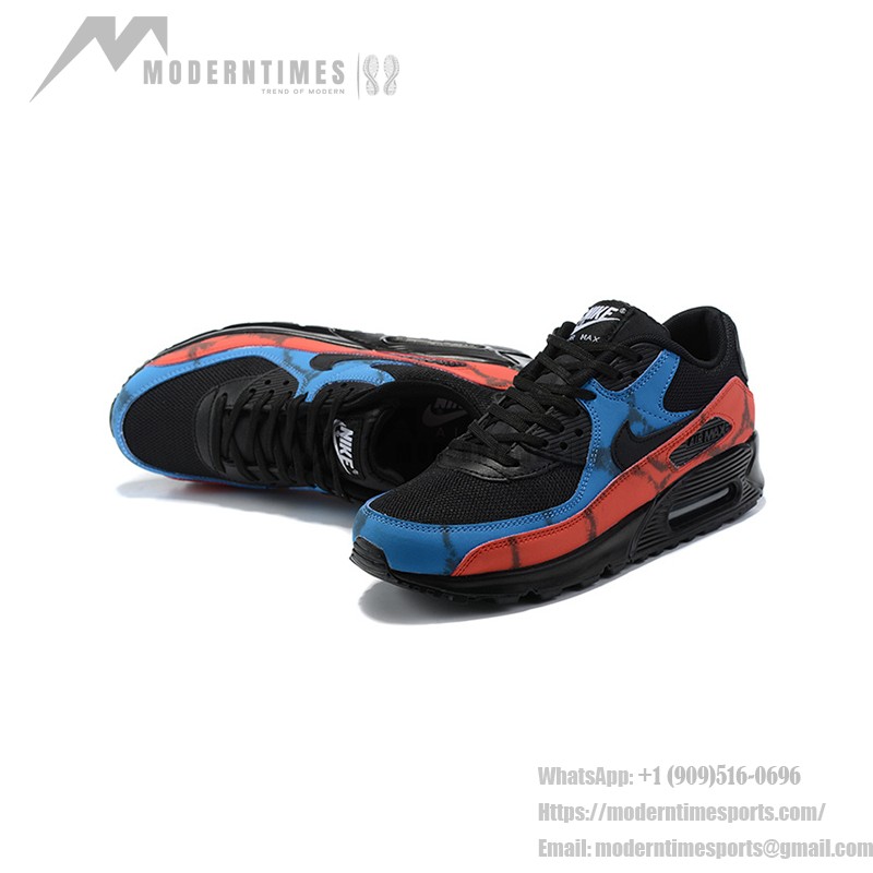 Nike Air Max 90 DJ6888-001 - Black sneakers featuring red and blue tie-dye overlays