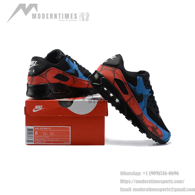 Nike Air Max 90 DJ6888-001 - Black sneakers featuring red and blue tie-dye overlays