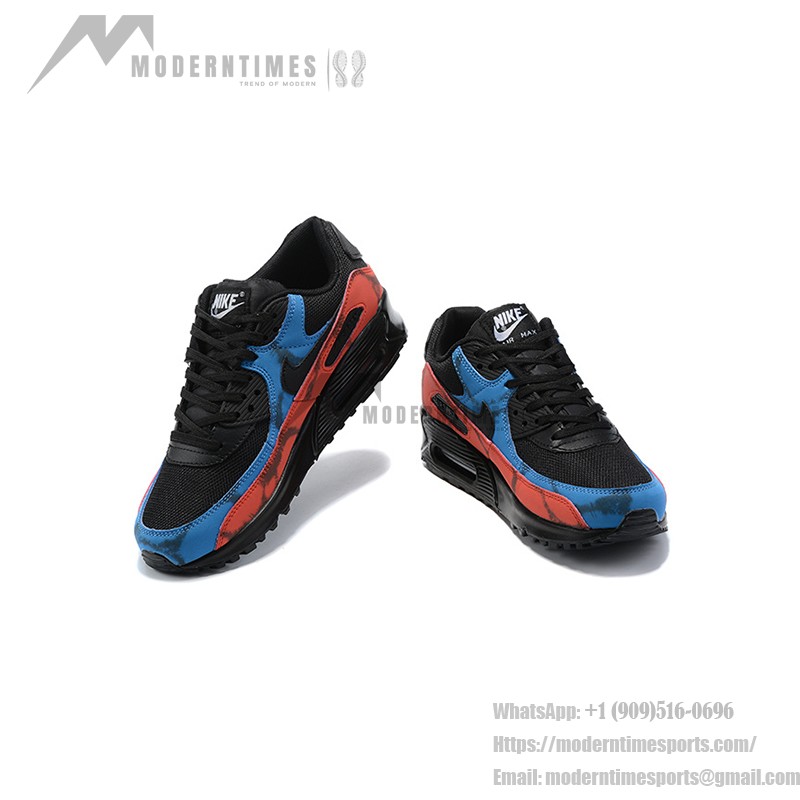 Nike Air Max 90 DJ6888-001 - Black sneakers featuring red and blue tie-dye overlays