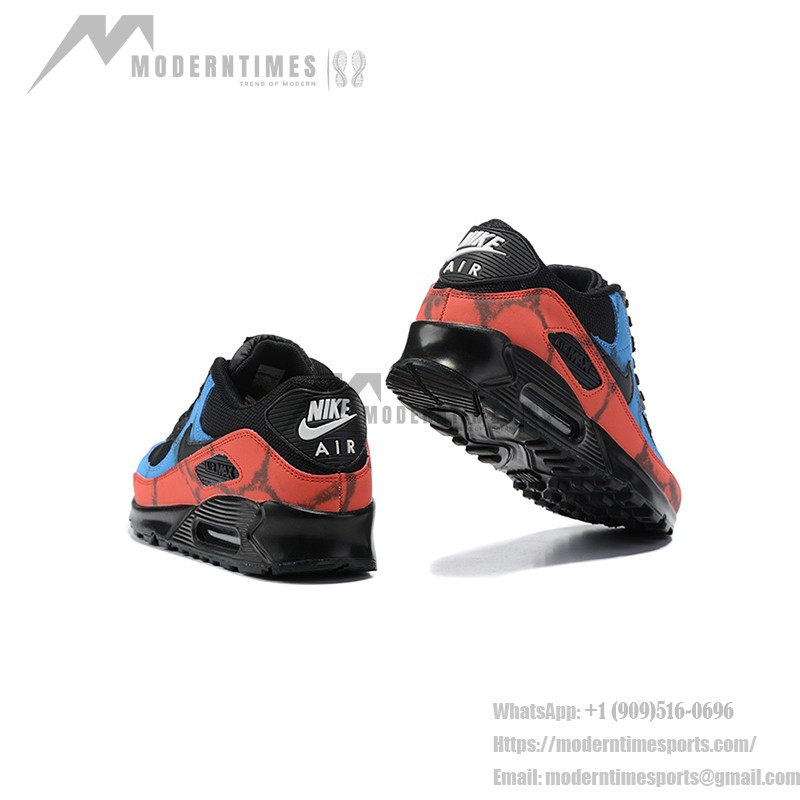 Nike Air Max 90 DJ6888-001 - Black sneakers featuring red and blue tie-dye overlays