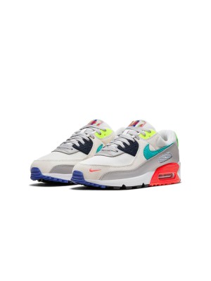 Nike Air Max 90 DA5562-001 - 회색 스니커즈, 청록색, 네온 그린 및 빨간색 포인트 | 대담하고 현대적인 디자인과 일상적인 편안함