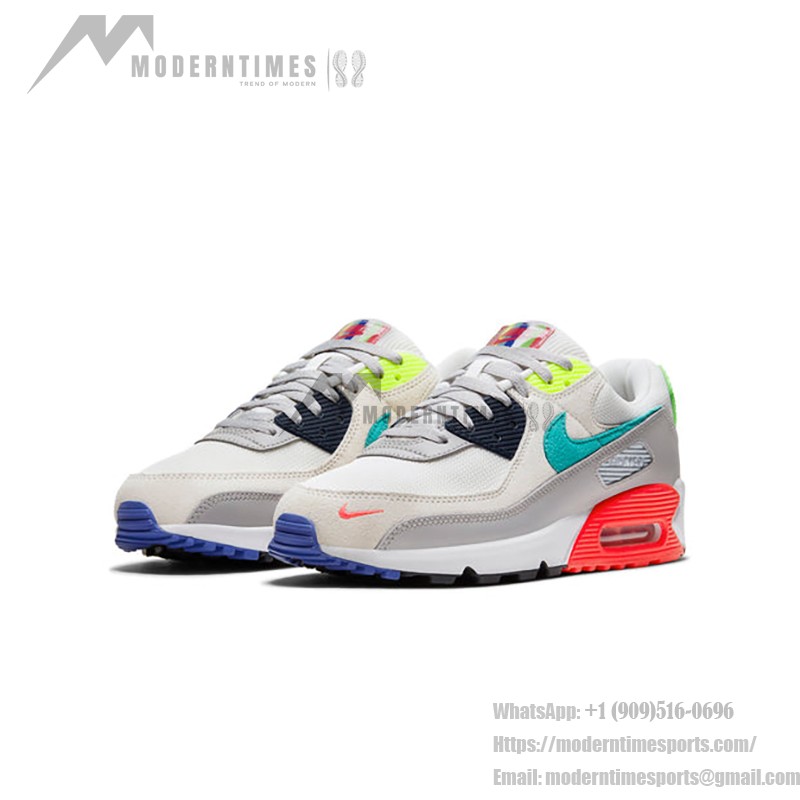 Nike Air Max 90 DA5562-001 - Grey sneakers with teal, neon green, and red accents showcasing bold design and comfort