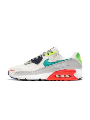 Nike Air Max 90 DA5562-001 - 회색 스니커즈, 청록색, 네온 그린 및 빨간색 포인트 | 대담하고 현대적인 디자인과 일상적인 편안함