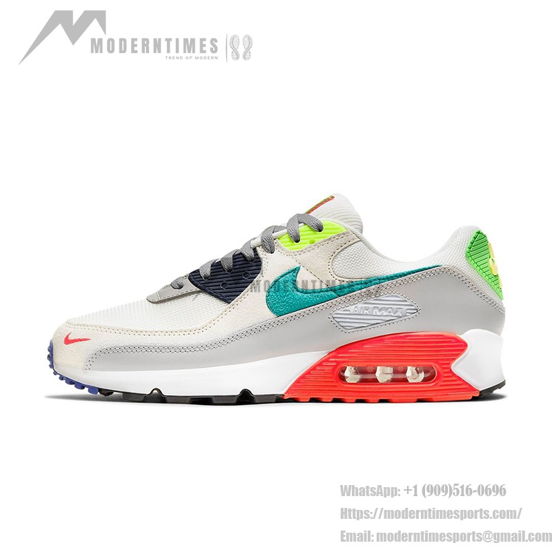 Nike Air Max 90 DA5562-001 - Grey sneakers with teal, neon green, and red accents showcasing bold design and comfort