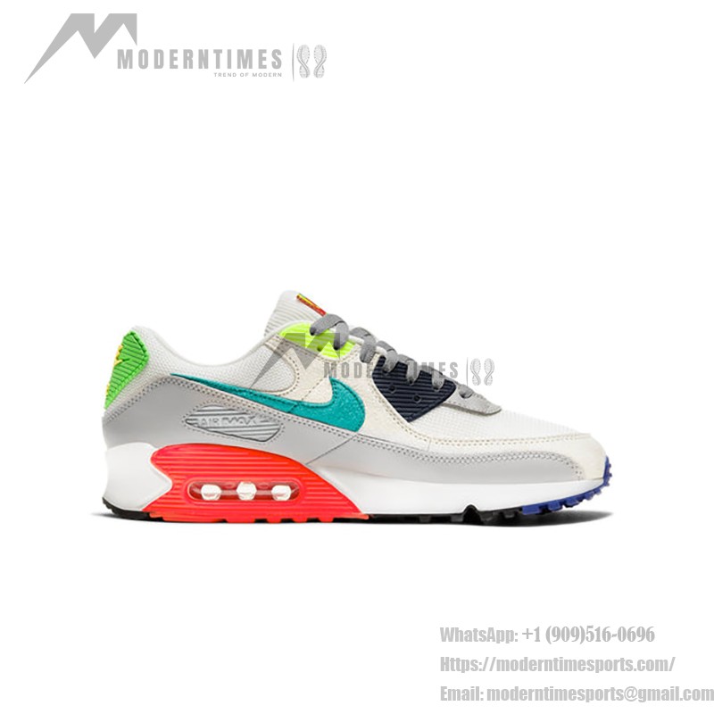 Nike Air Max 90 DA5562-001 - Grey sneakers with teal, neon green, and red accents showcasing bold design and comfort