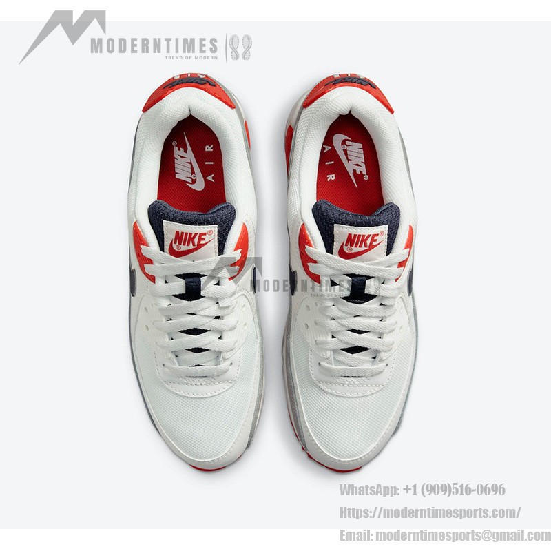 Nike Air Max 90 DB0625-101, white sneakers with red and navy accents