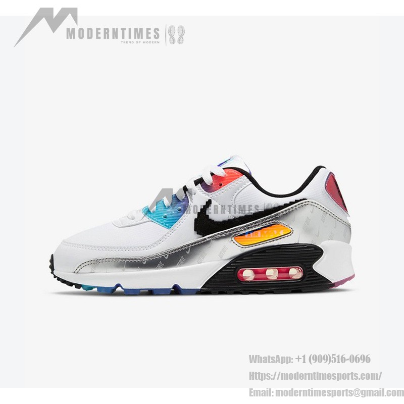 Nike Air Max 90 DC0835-101 "Pixel" Edition in white with multicolor accents and a digital-style Swoosh.