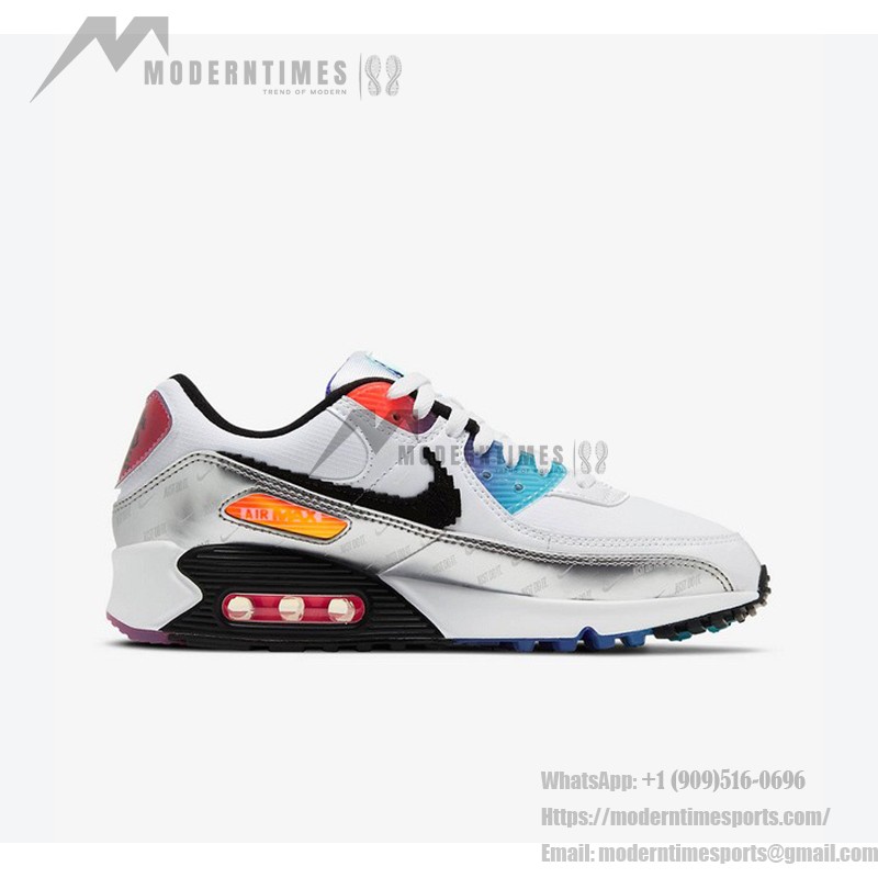 Nike Air Max 90 DC0835-101 "Pixel" Edition in white with multicolor accents and a digital-style Swoosh.