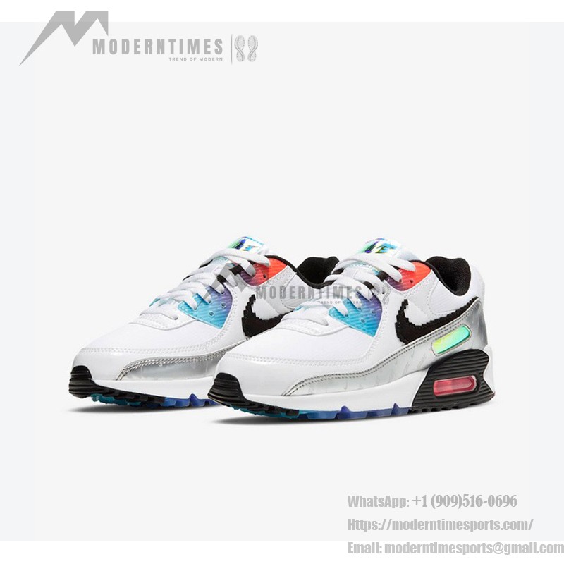 Nike Air Max 90 DC0835-101 "Pixel" Edition in white with multicolor accents and a digital-style Swoosh.