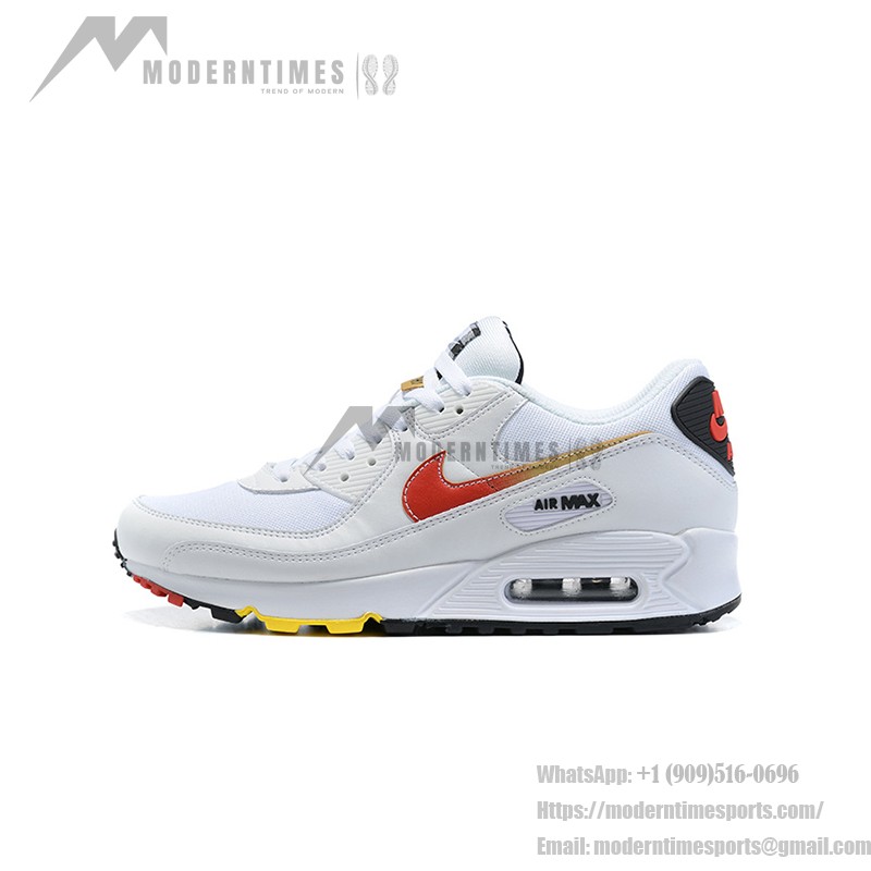 Nike Air Max 90 DJ5530-100 White Sneakers with Red Swoosh and Gold Accents