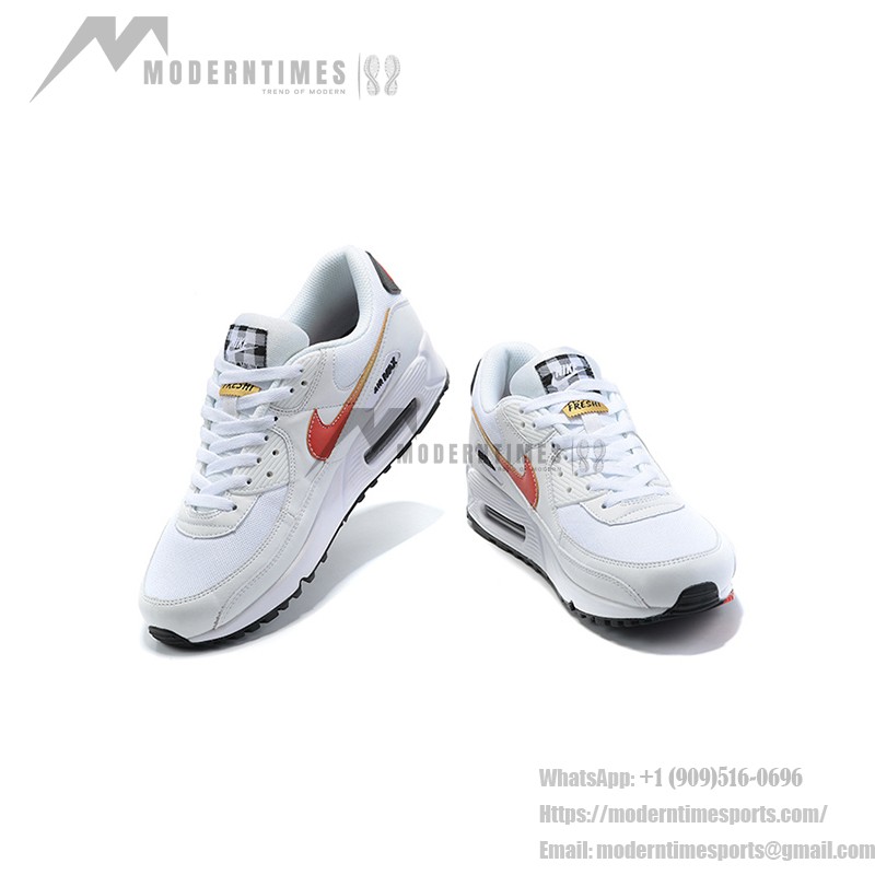 Nike Air Max 90 DJ5530-100 White Sneakers with Red Swoosh and Gold Accents